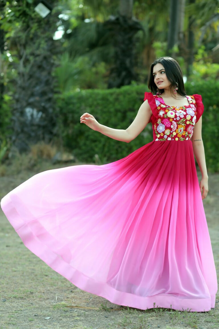 Jyoti Fashion Women's Pink Sequins Embroidery Faux Blooming Anarkali Dress