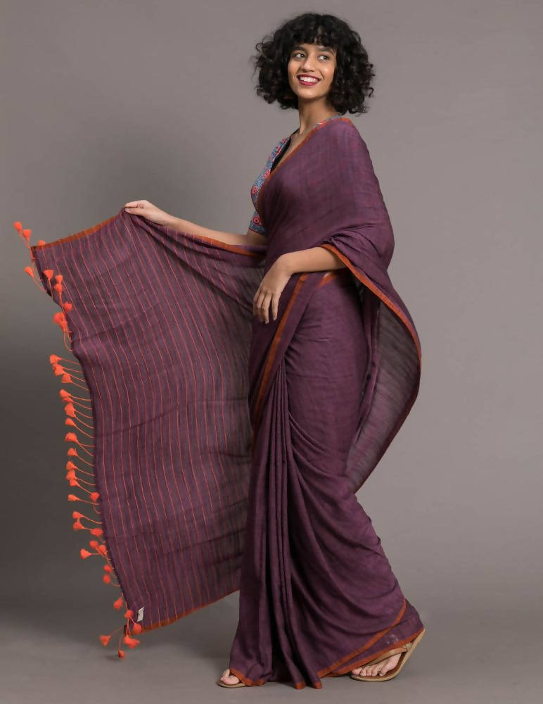 Suta Purple Orange Solid Cotton Blend Saree