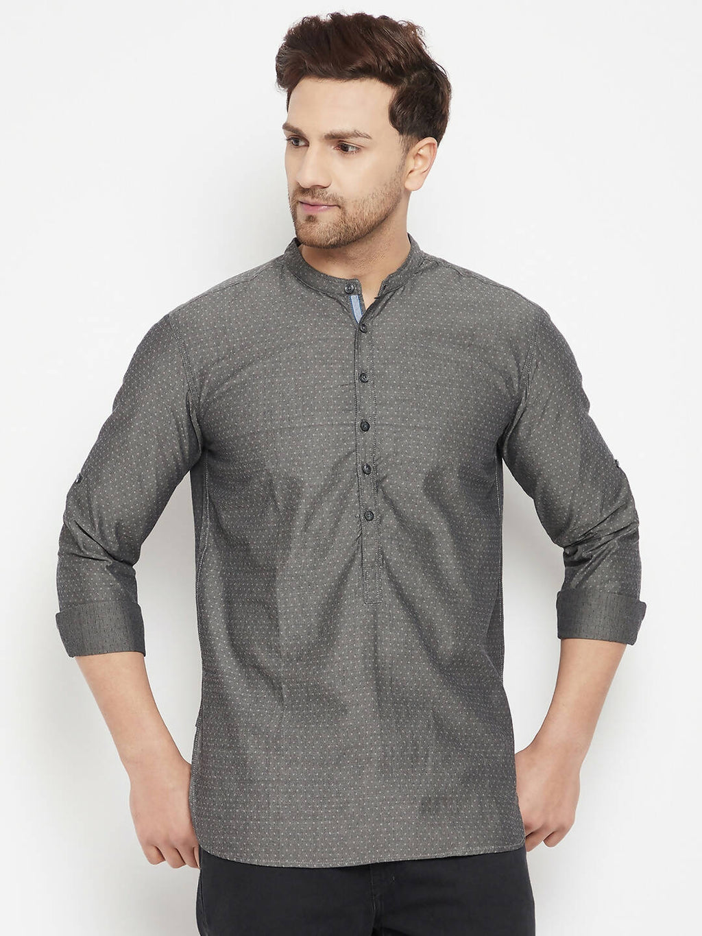 Even Apparels Grey Color Pure Cotton Short Men's Beautiful Kurta With Band Collar