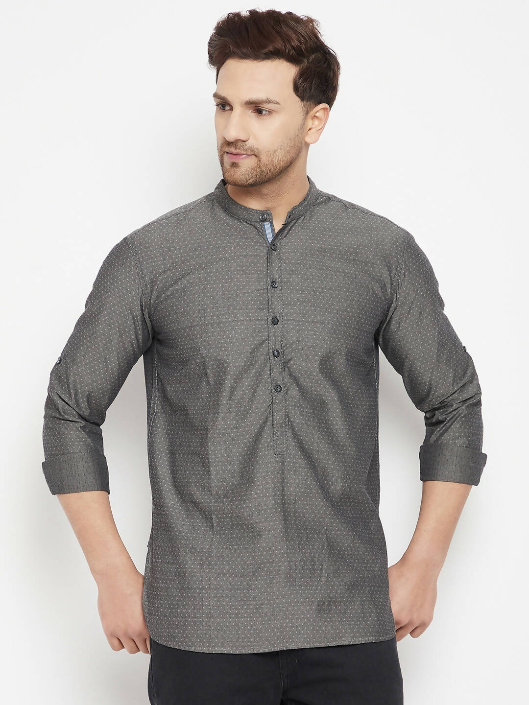Even Apparels Grey Color Pure Cotton Short Men's Beautiful Kurta With Band Collar