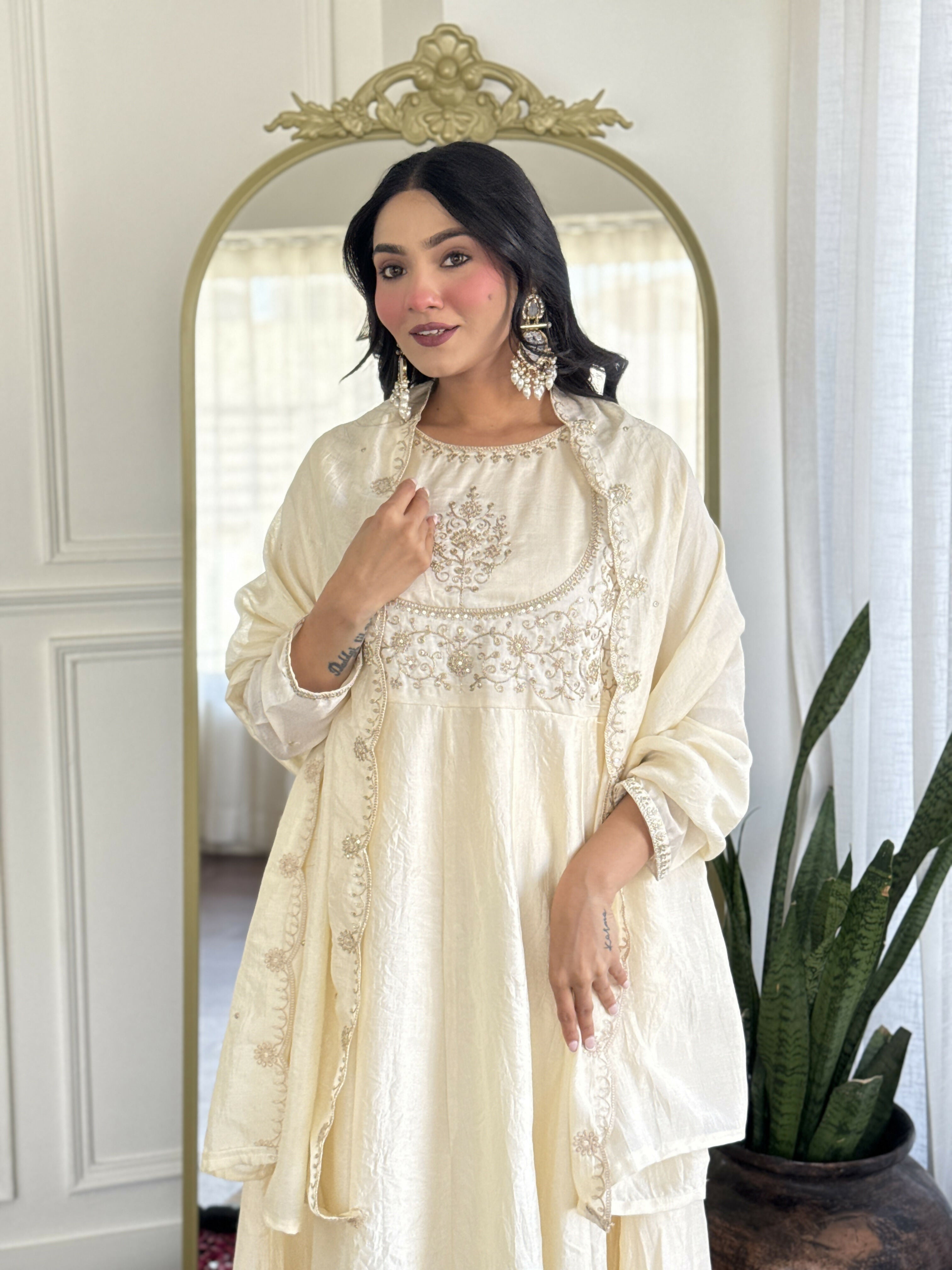 The52 CreamWomen's Gorgeous Embroidered Vichitra Silk Fabric Flared Kurta Pant with Dupatta Set