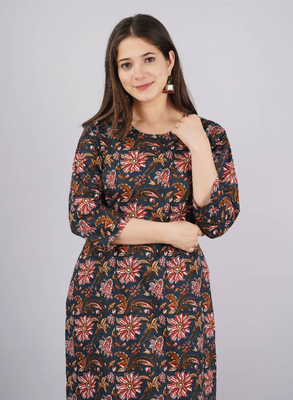 Vamika Printed Cotton Blue Party Wear/Casual Wear Kurta Set/Suit