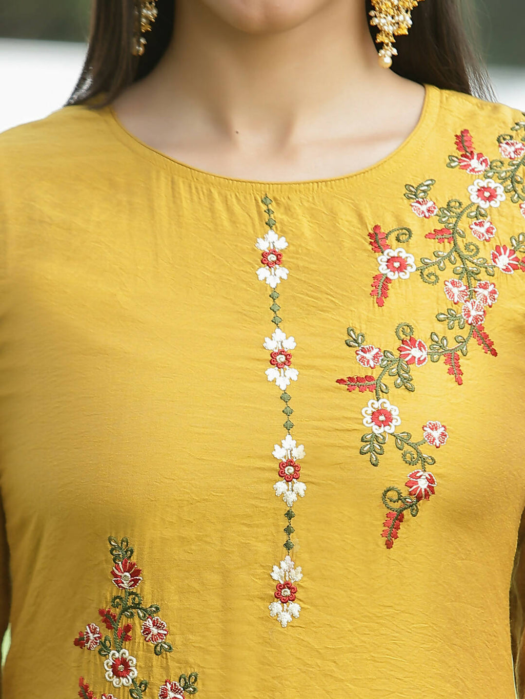 Juniper Mustard Mono Viscose Festive Wear Embroidered Straight Kurta Palazzo Dupatta Set