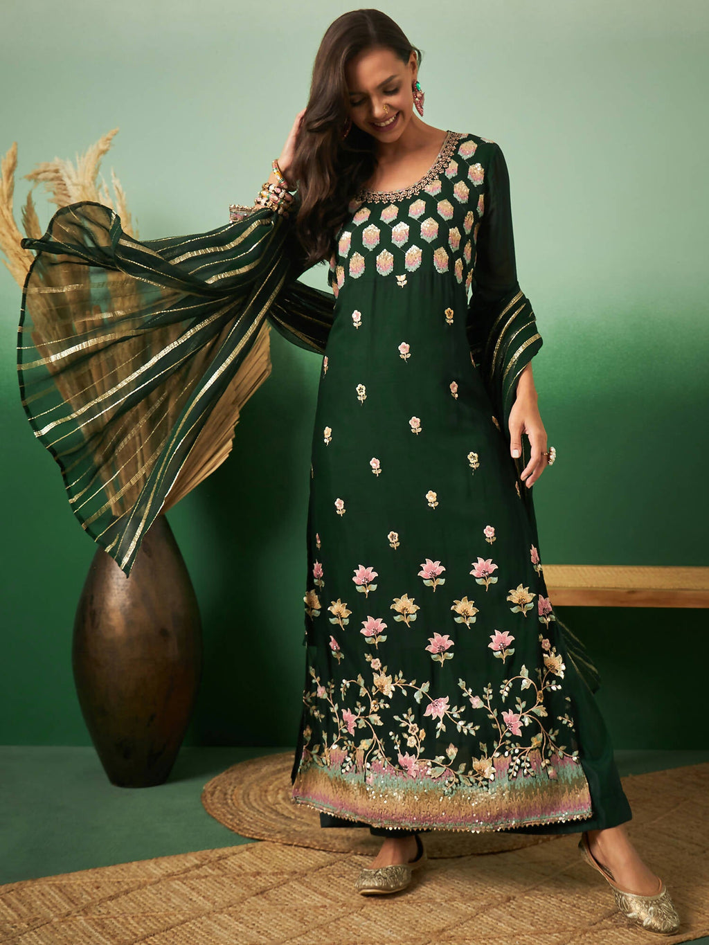 Green Georgette Handwork Unstitched Dress Material - Hanika