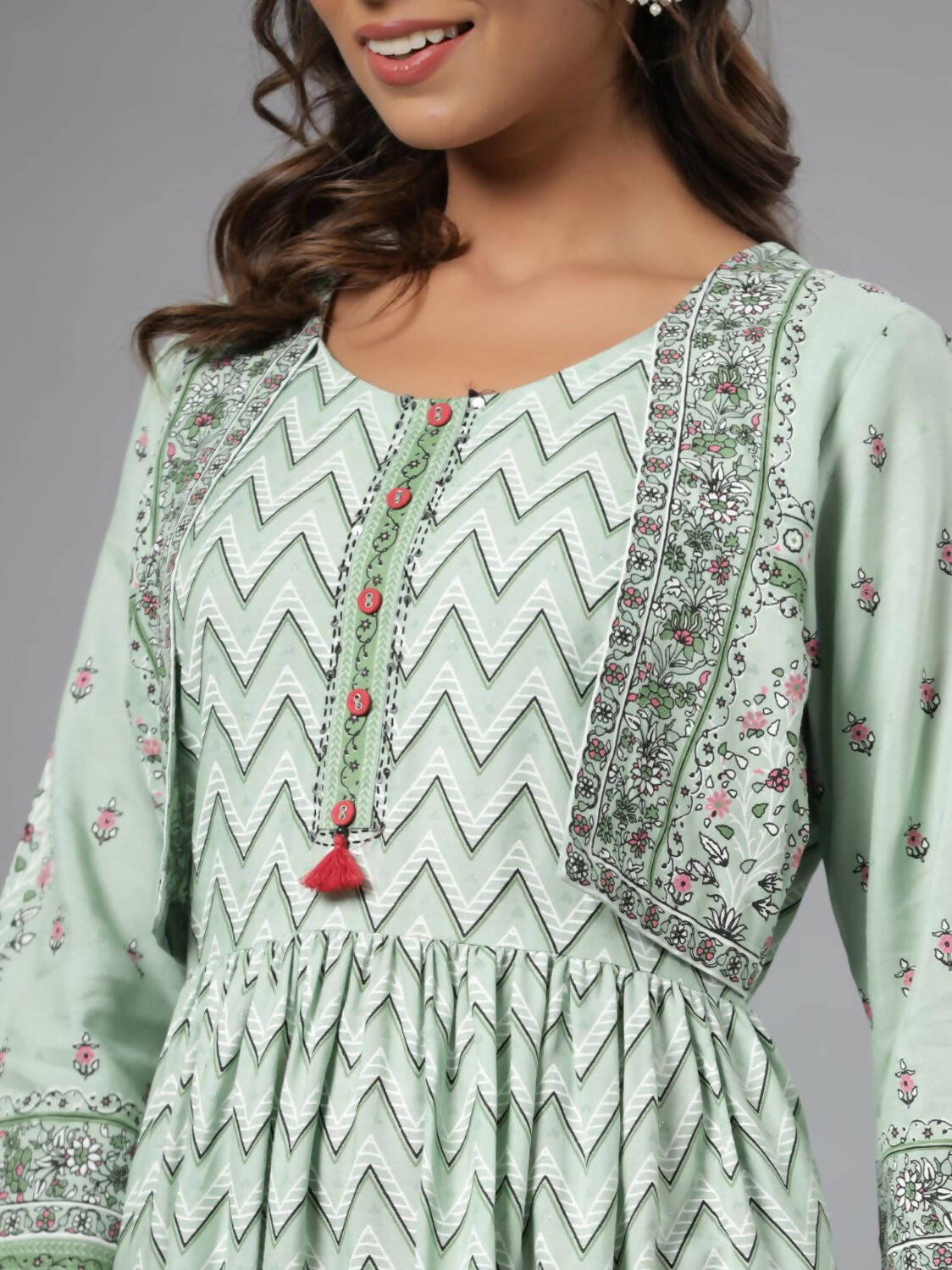 Juniper Women Sage Green Rayon Printed Jacket Style Midi Dress