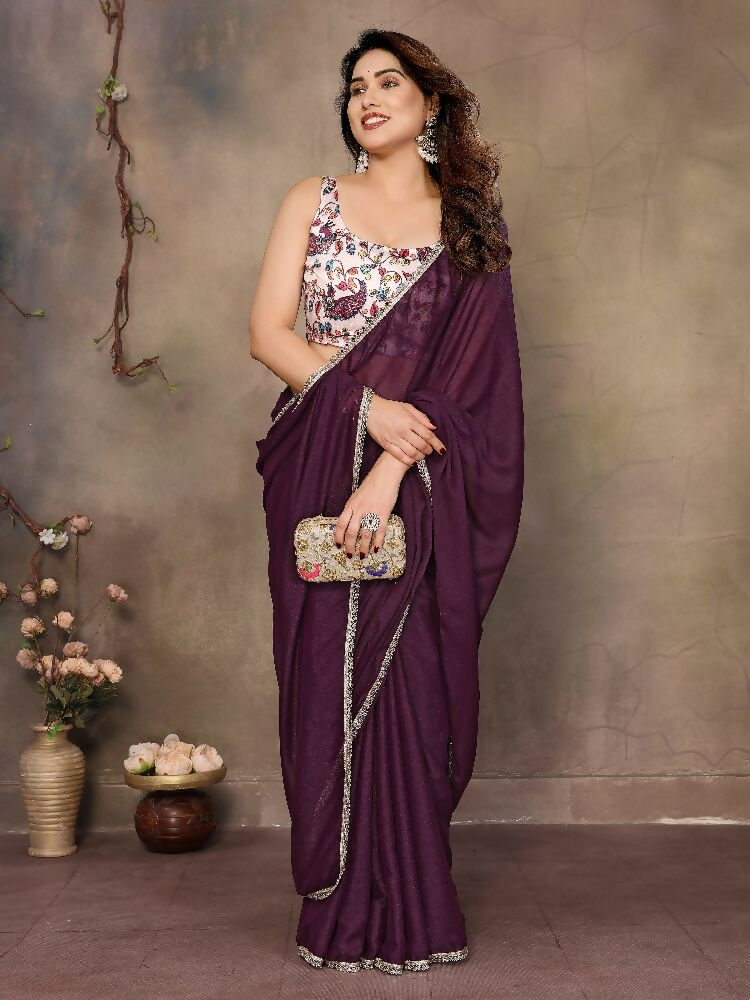 PR Fashion Wine Star Georgette Solid Georgette With Mirror Border Saree