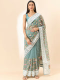 Blue Organza Floral Embroidered Saree with Unstitched Blouse Piece - Roozal