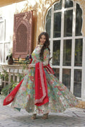 Vastranavya Multicolor Russian Silk Foil Embroidery with Zari Sequins & Digital Printed Gown Dupatta
