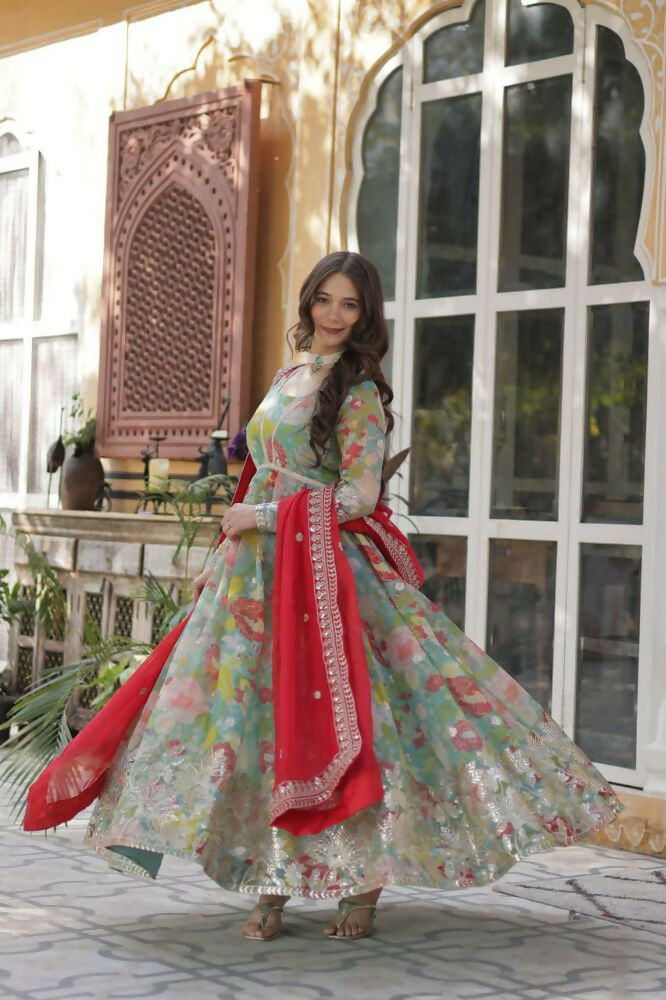 Vastranavya Multicolor Russian Silk Foil Embroidery with Zari Sequins & Digital Printed Gown Dupatta