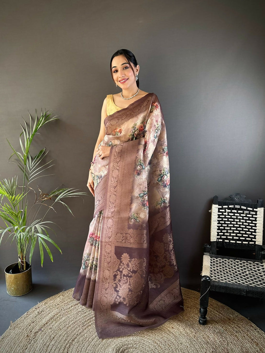 Joban Fashion Brown Floral Motifs Banarasi Silk Sarees