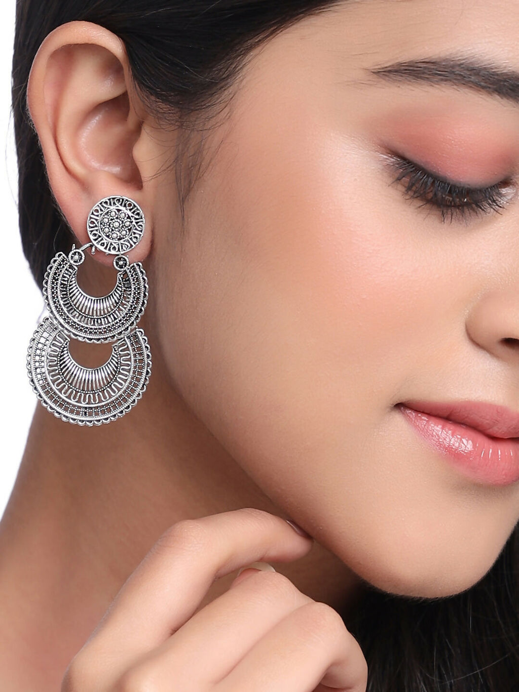 NVR Women Silver Plated Crescent Shaped Drop Earrings