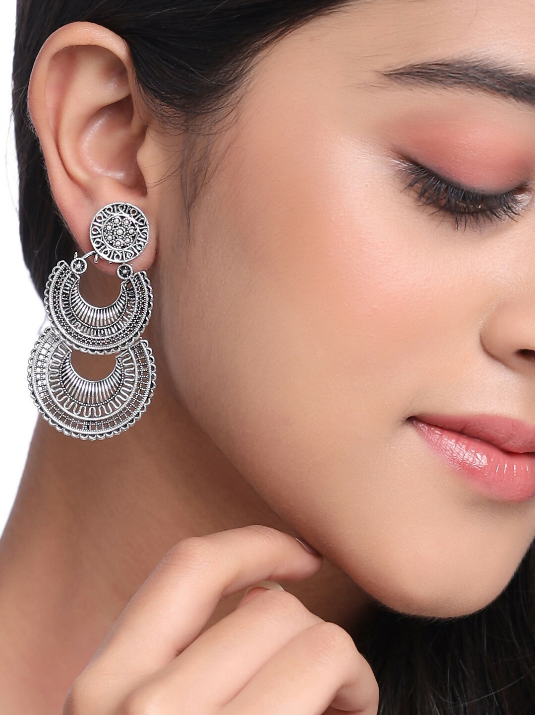 NVR Women Silver Plated Crescent Shaped Drop Earrings