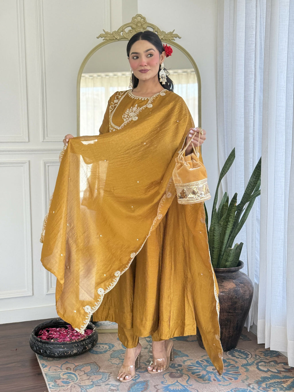 The52 Mustard Women's Gorgeous Embroidered Vichitra Silk Fabric Flared Kurta Pant with Dupatta Set