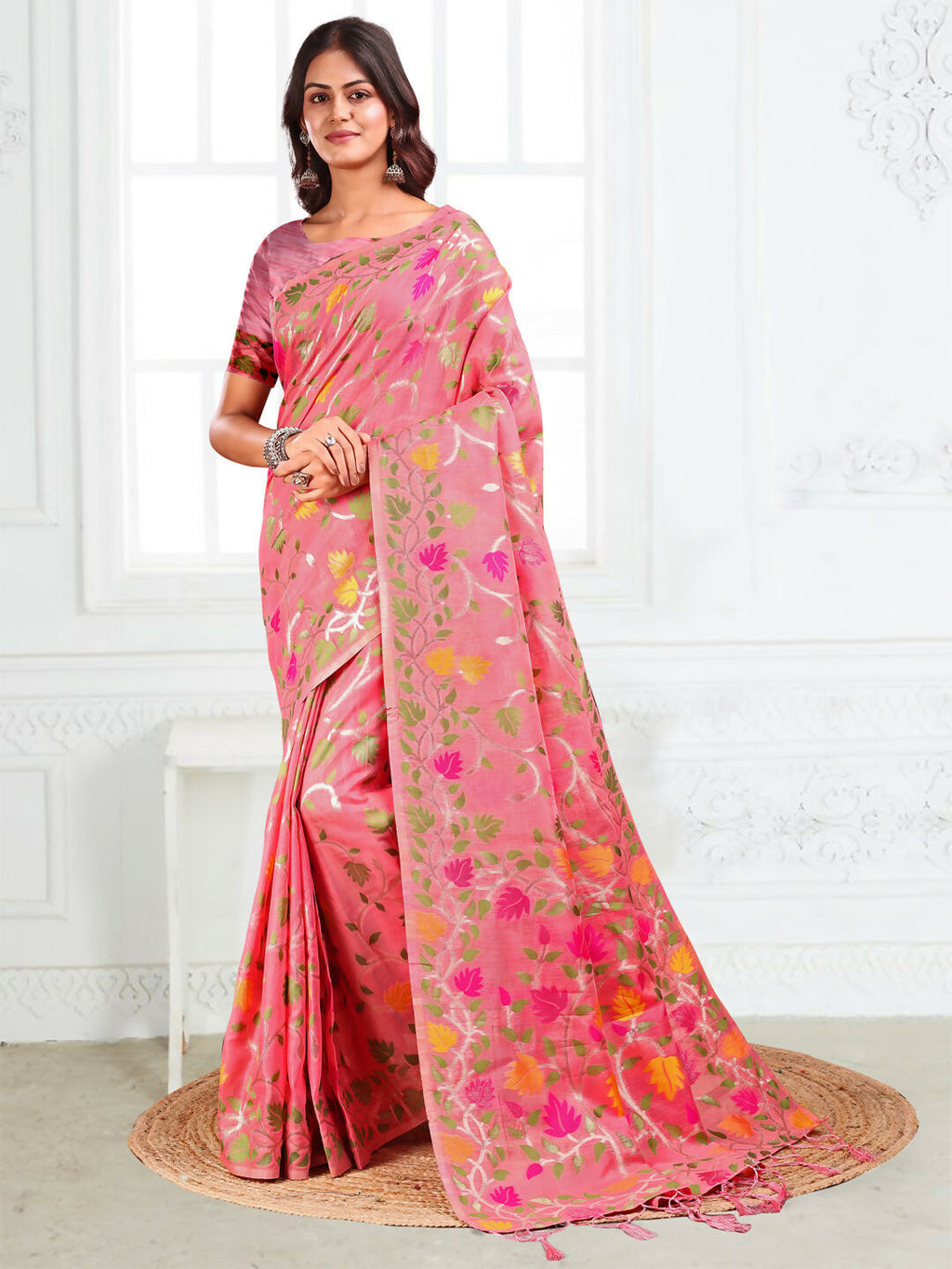 Shree Shyam Fashion Linen Cotton Pink Saree