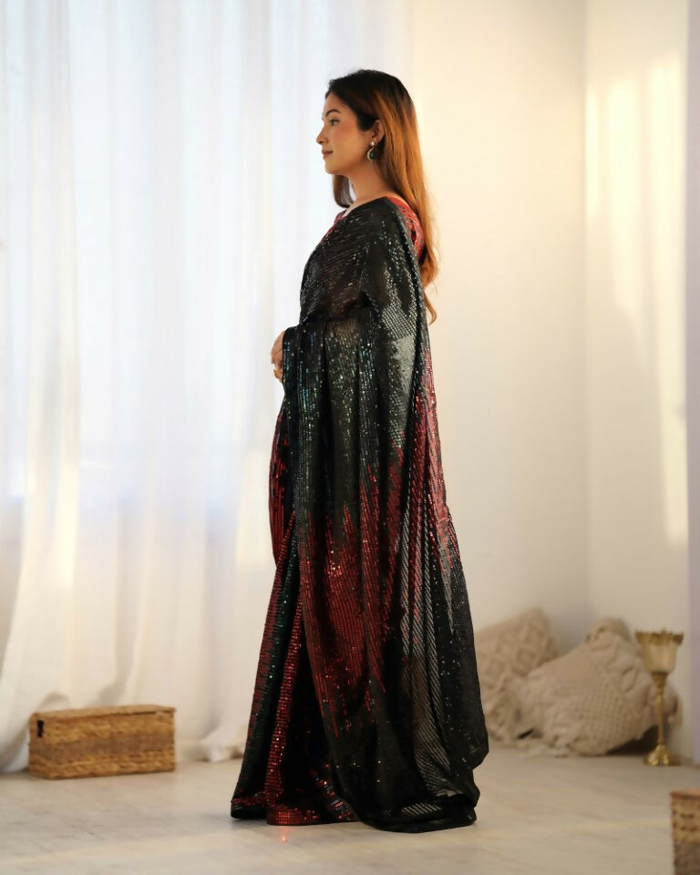 Black Georgette Designer Sequence Embroidery Work Saree - Radhe