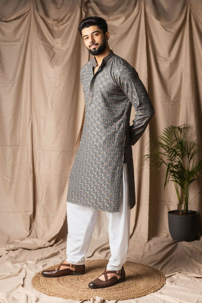 Grey Rayon Thread Embroidery Work Kurta Set - Mahotsav