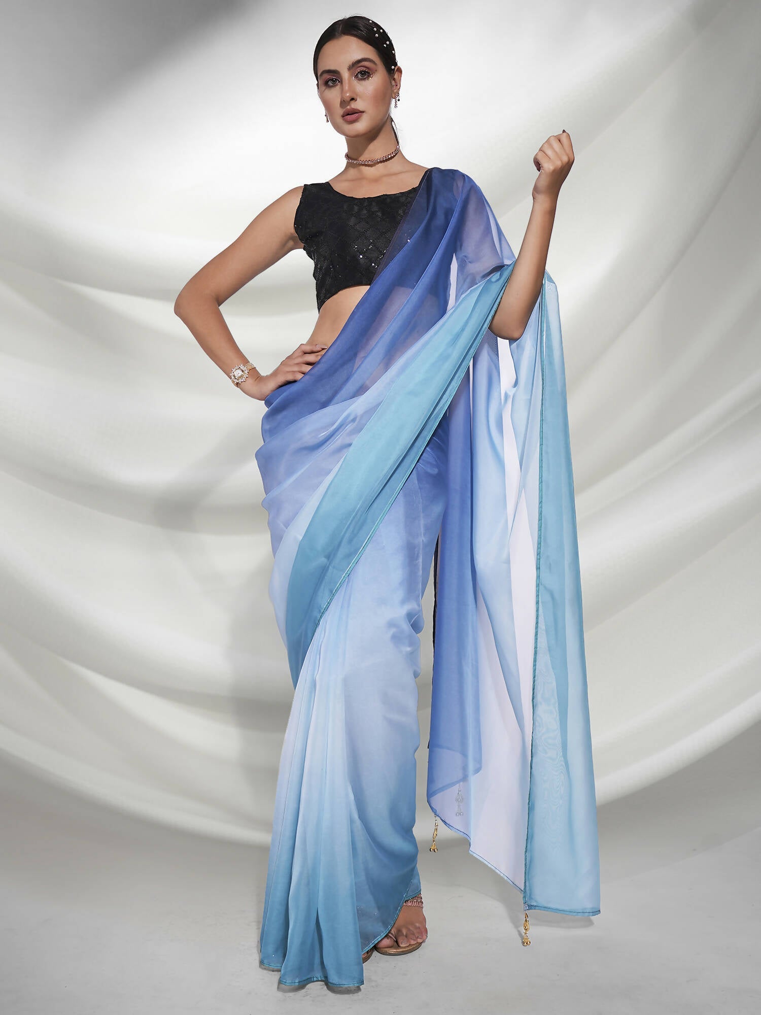 Blue Organza Solid Saree With Unstitched Blouse Piece - Shanaya