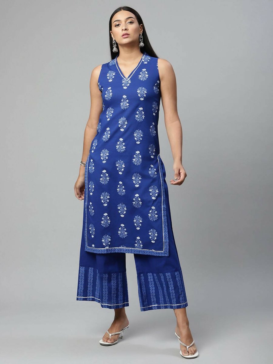 Ahalyaa Womens Indigo Blue Pure Cotton Printed Kurta Palazzo Set