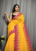 Exclusive Collection Beautiful Yellow Pure Cotton Woven Handloom Saree With Running Blouse Piece