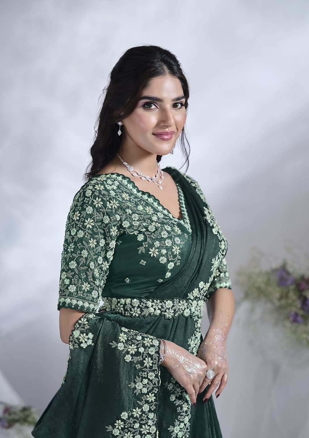 Green Two Tone Satin Silk Designer Ready to wear saree with stithced Blouse - Mohmanthan Aura