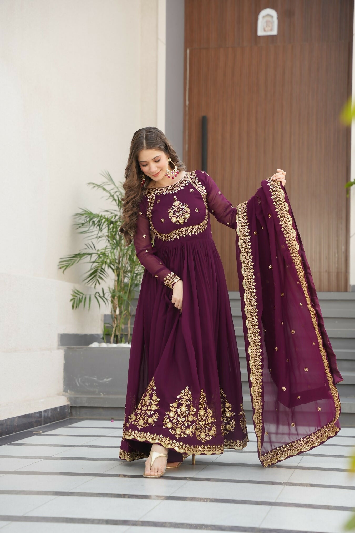Joban Fashion Wine Georgette Sequence Embroidery Work Kurta Set