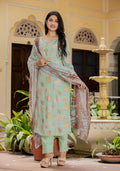Kaajh Women's Green Modal Silk Printed Kurta Pant Set With Dupatta