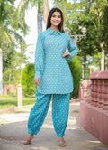 Kaajh Women's Sky Blue Printed Cotton Kurta Pant Set
