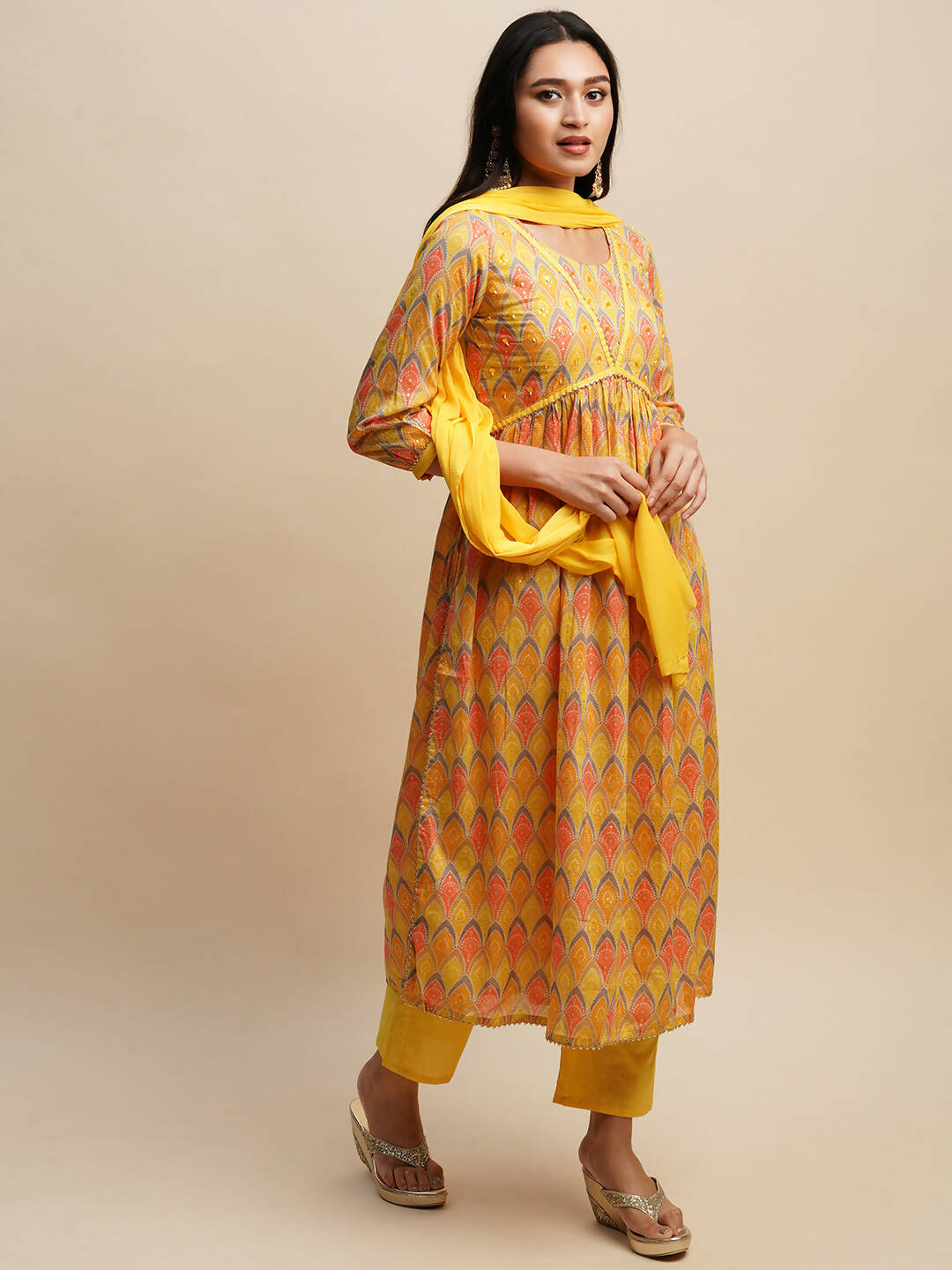 Yellow Pure Cotton Bandhani Printed Naira Cut Kurta And Bottom With Dupatta - Akashara