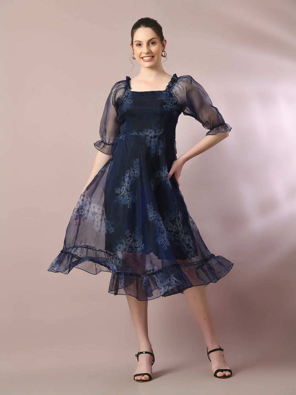Myshka Women's Navy Blue Printed Square Neck Fit and Flare Party Dress