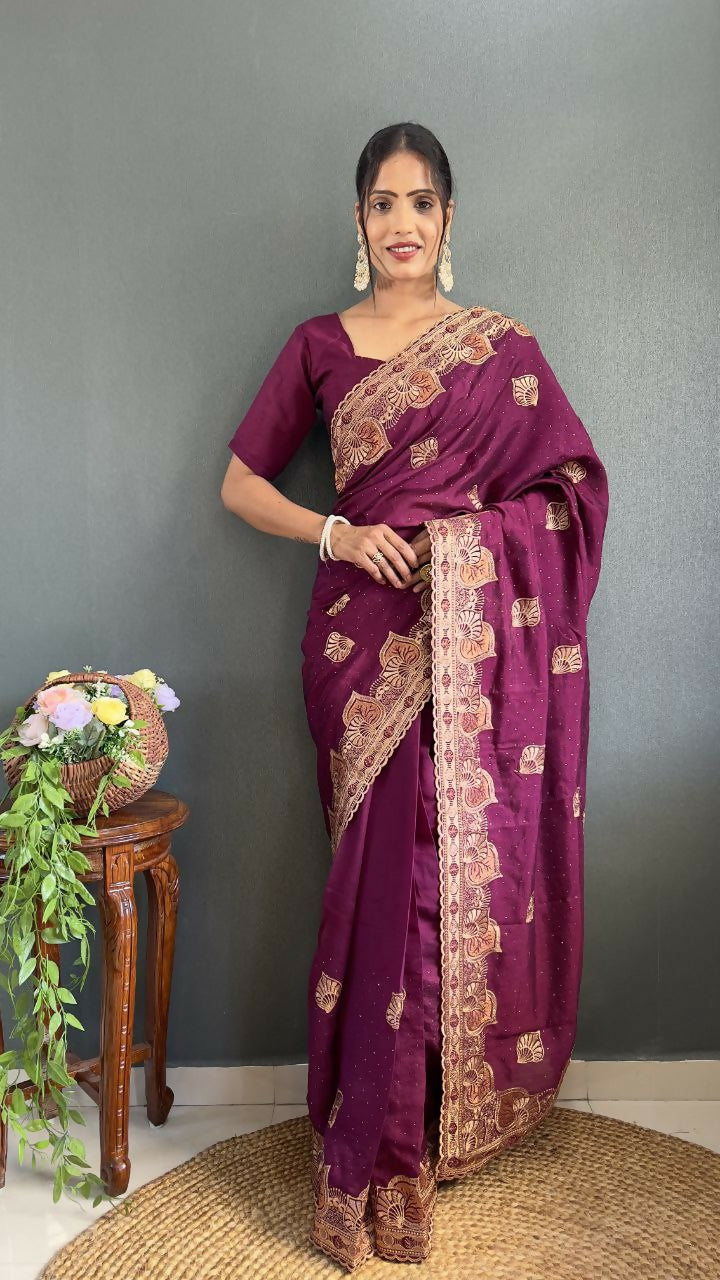 Vastranavya Purple Vichitra Silk Zari with Swarovski Work Ready to Wear Saree