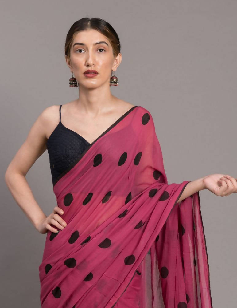 Suta Pink Black Polka Printed Pure Cotton Saree
