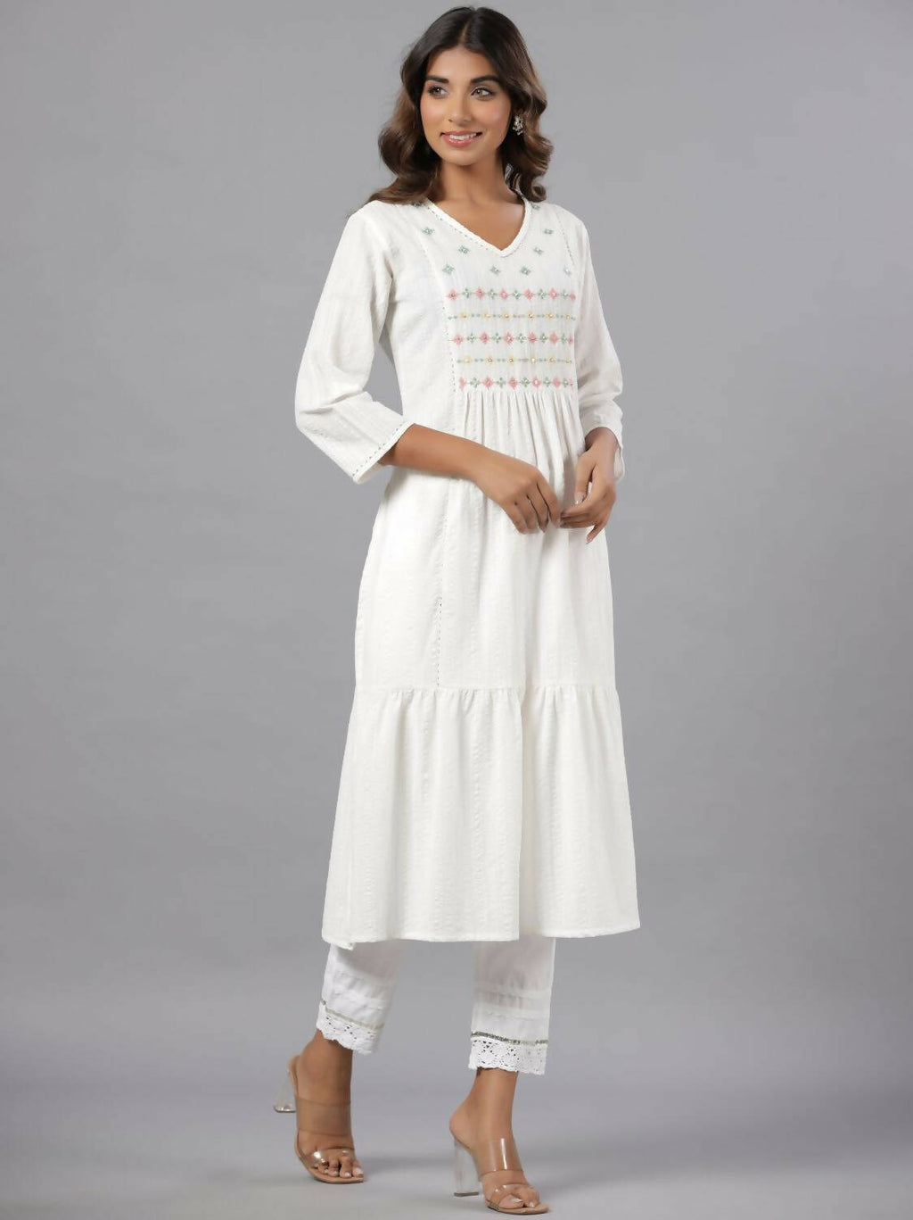 Juniper Women White Seer Sucker Embroidered High Slit Kurta