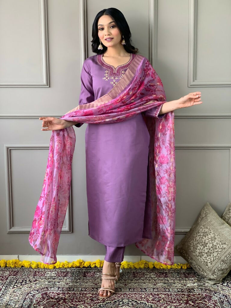 Partywear Designer Purple Viscos Rayon Stitched Suit With Dupatta - Tanisha