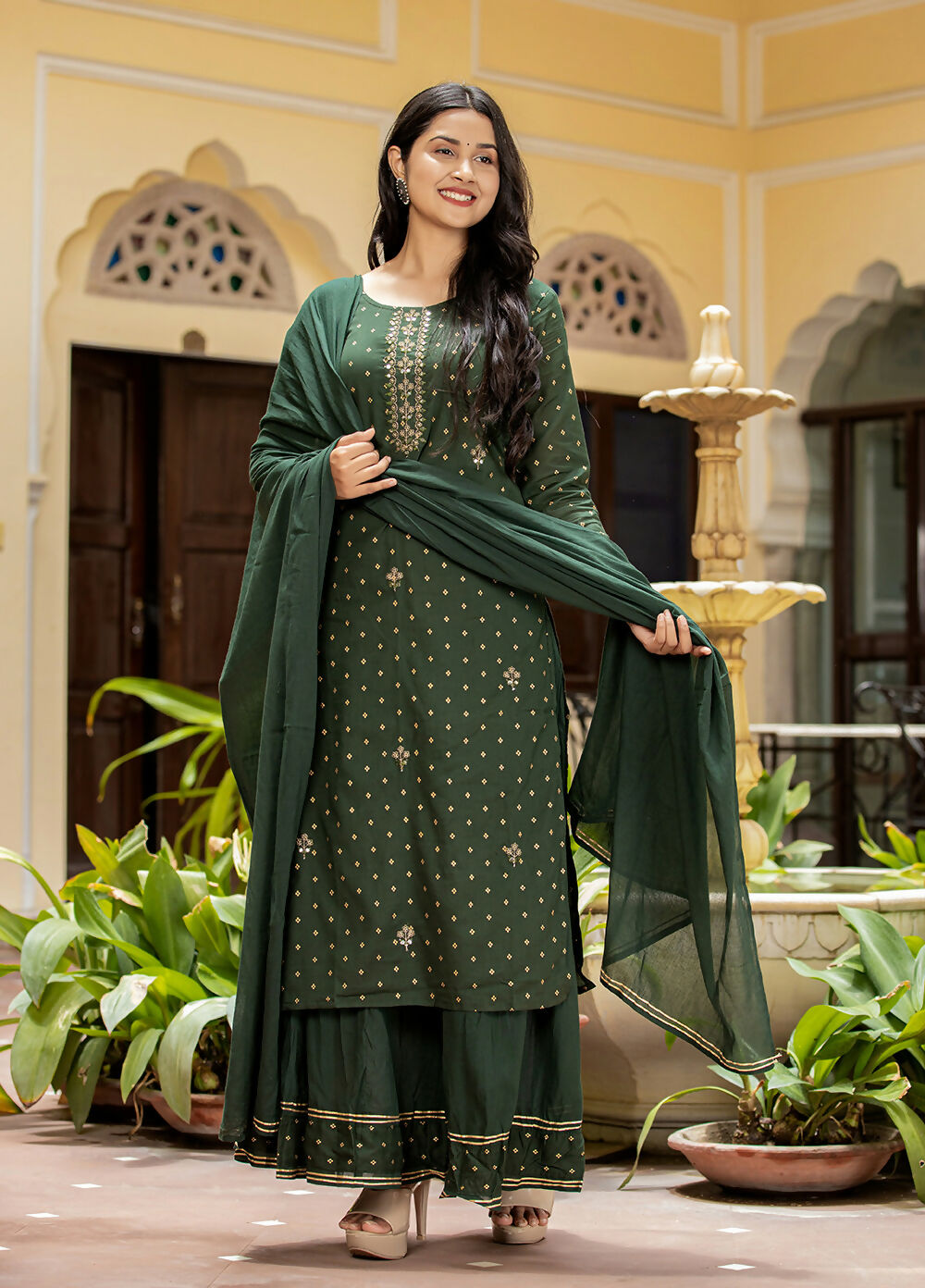 Kaajh Women's Green Gold Printed Cotton Kurta Sharara With Dupatta Set