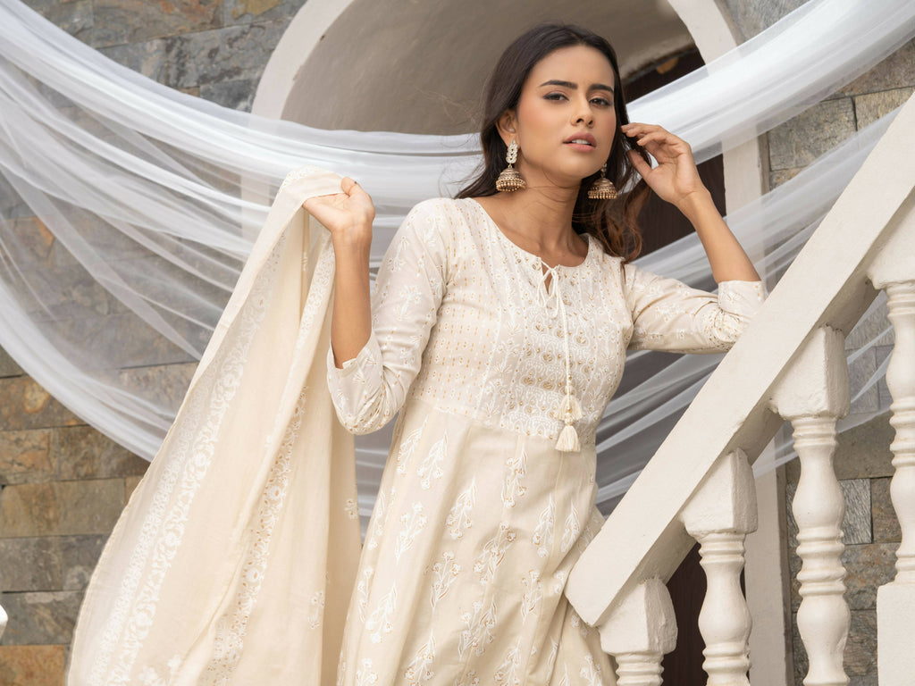 Off White Cotton Cambric Printed with Sequins work Anarkali Kurta with Pant & Dupatta - Akashara