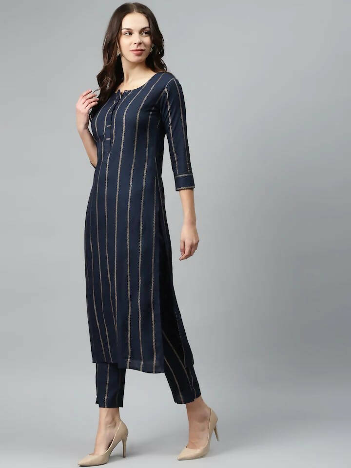 Vamika Printed Rayon Blue Party Wear/Casual Wear Kurta Set/Suit