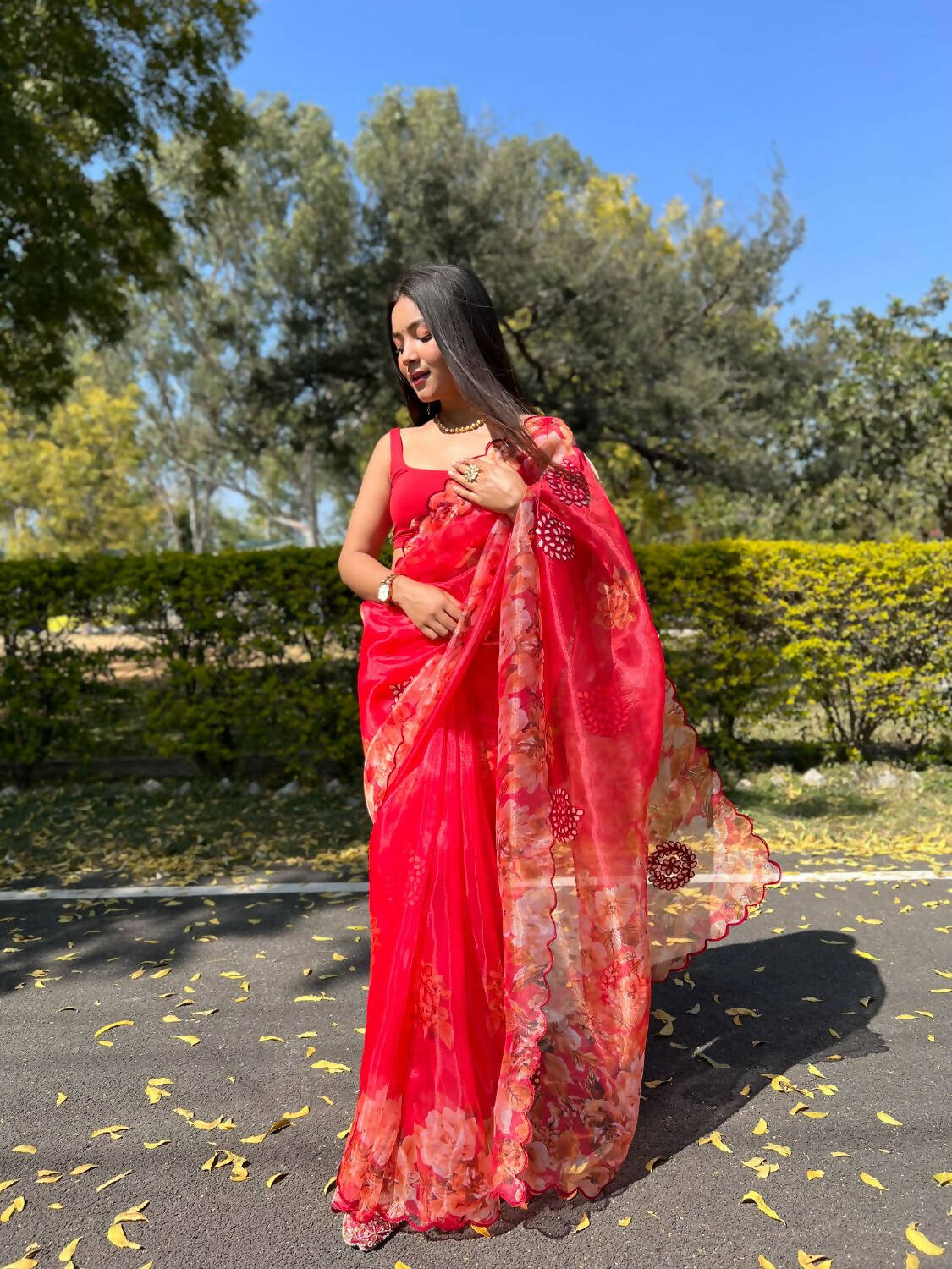 Vamsee Red Organza Saree
