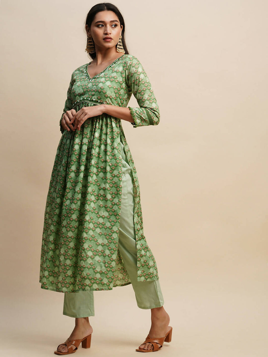 Green Pure Cotton Floral Printed Naira Cut Kurta And Bottom With Dupatta - Akashara