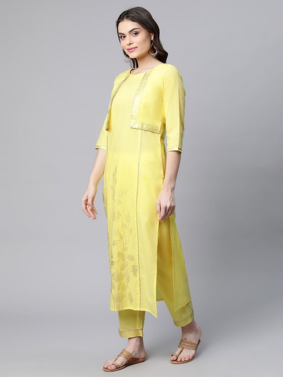 Ahalyaa Women Yellow Pure Cotton Printed Floral Kurta With Trousers