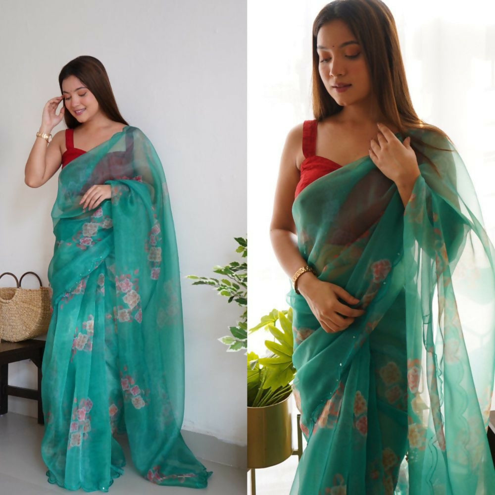 Vamsee Rency Dark Green Organza Saree