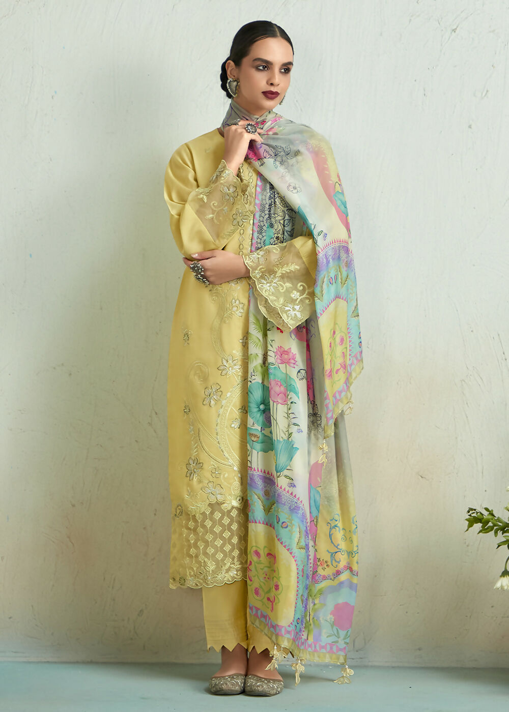 Lemon Yellow Pure Muslin Resham Embroidered Salwar Suit - Emponline