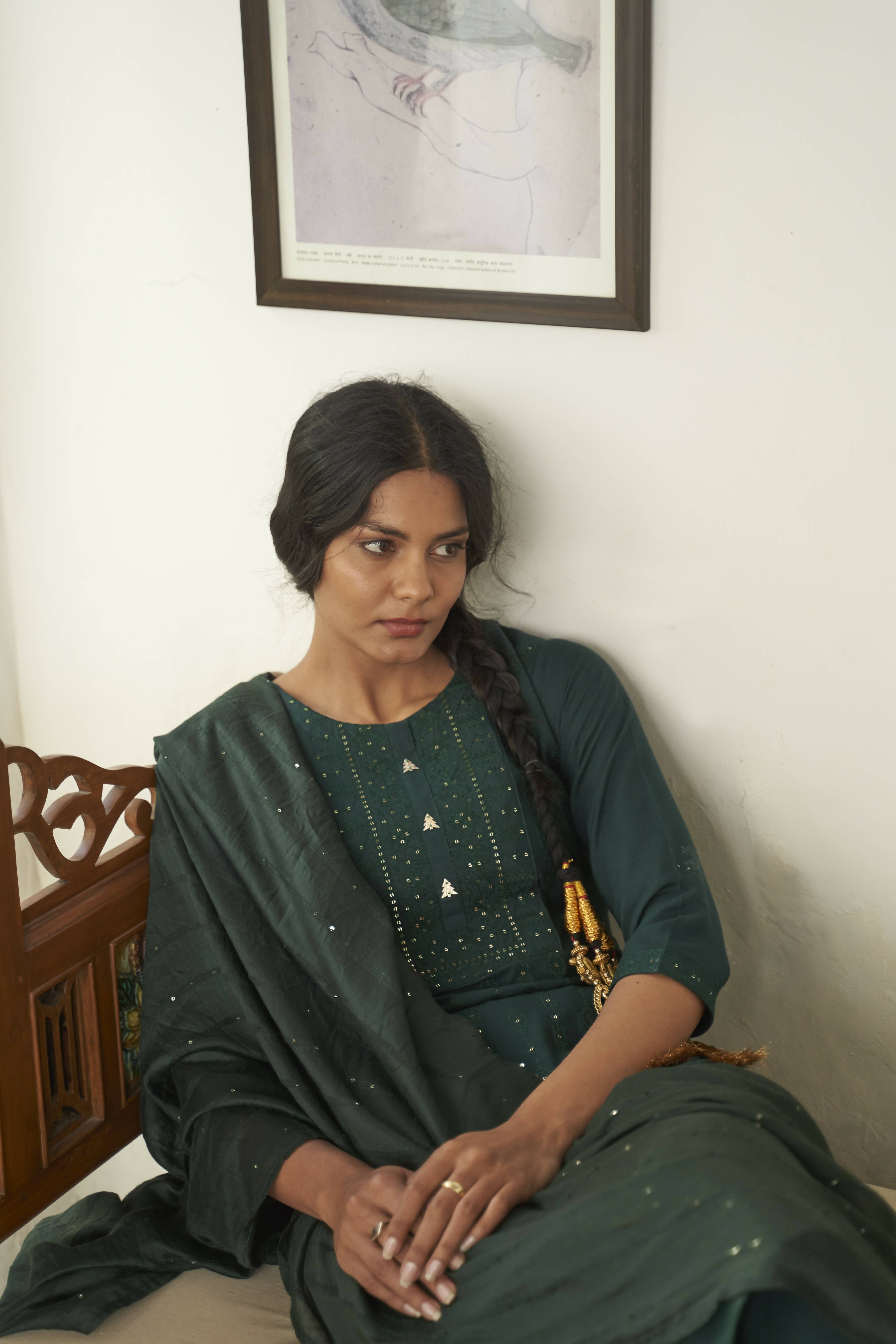 Dark Green Rayon Sequence Embroidery work Straight kurta with Pant & Dupatta - Akashara