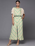 Ahalyaa Off White & Green Zig Zag Print Basic Jumpsuit