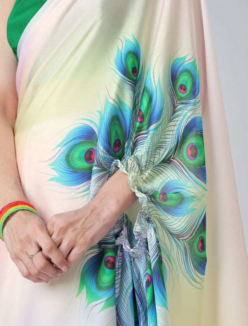 Vastranavya Pastel Rainbow Freehand Peacock Feather Print Ready to Wear Saree