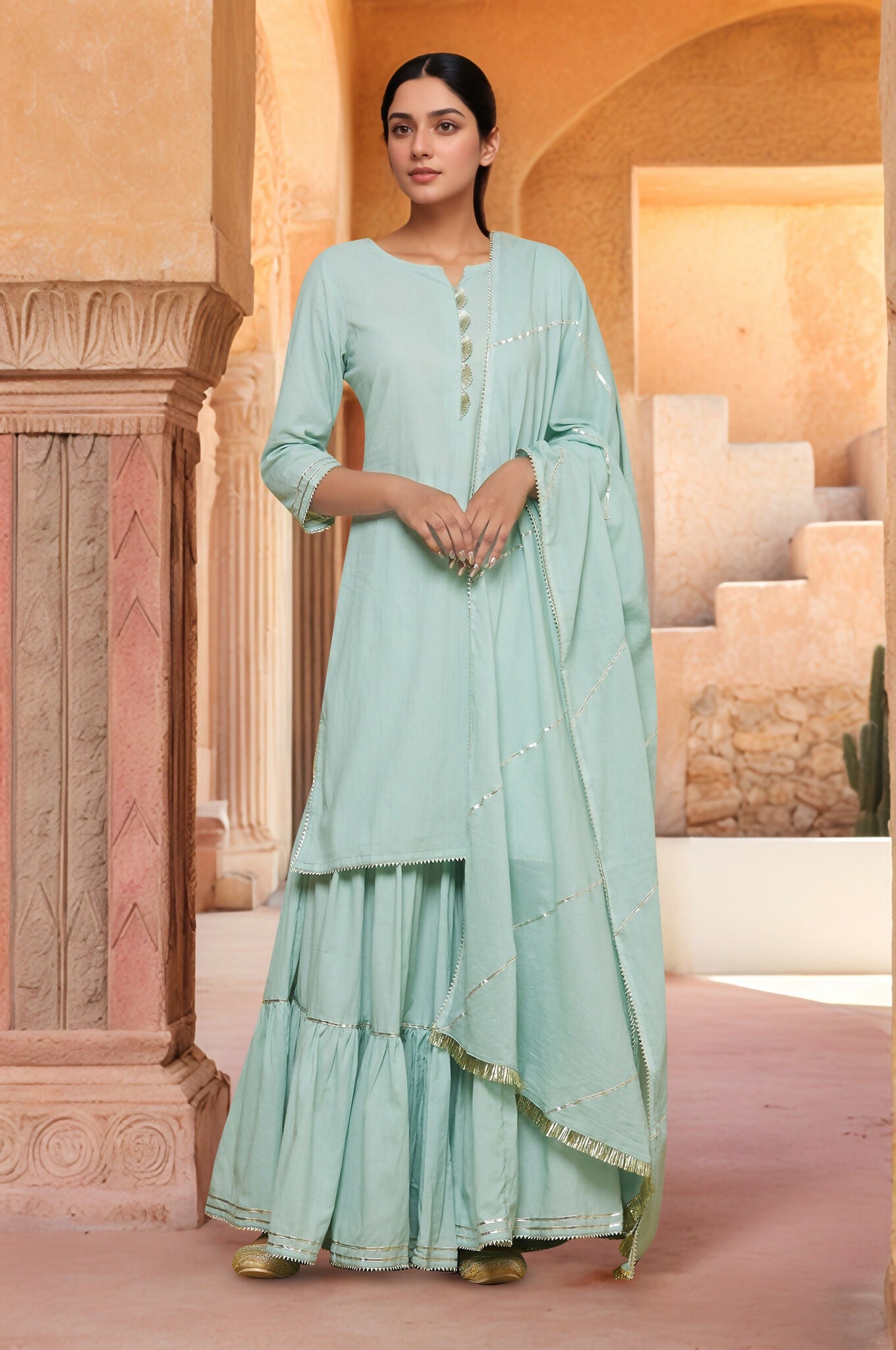 Joban Fashion Green Cotton Kurti Sharara Set