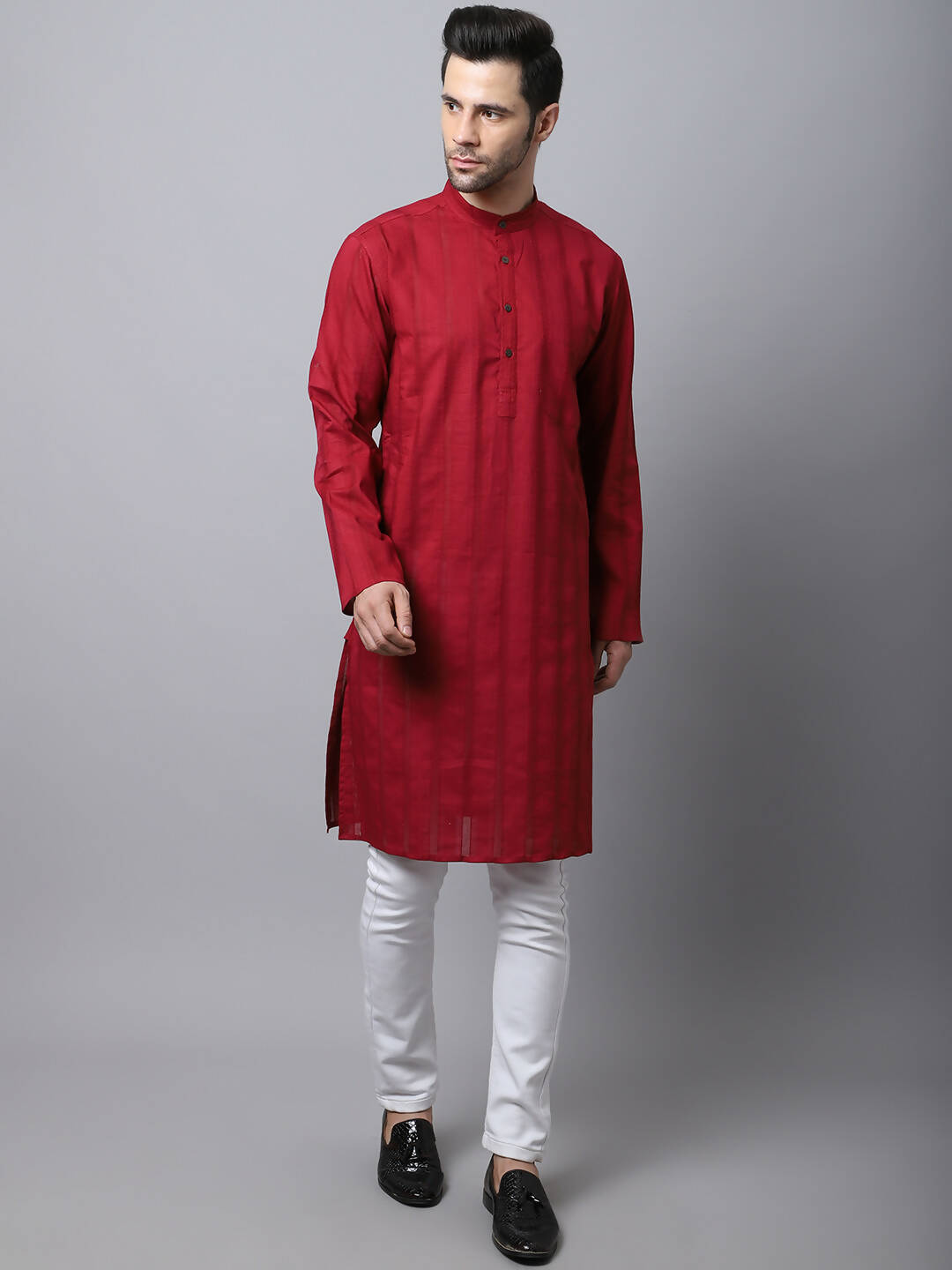 Even Apparels Maroon Pure Cotton Men's Kurta With Band Collar