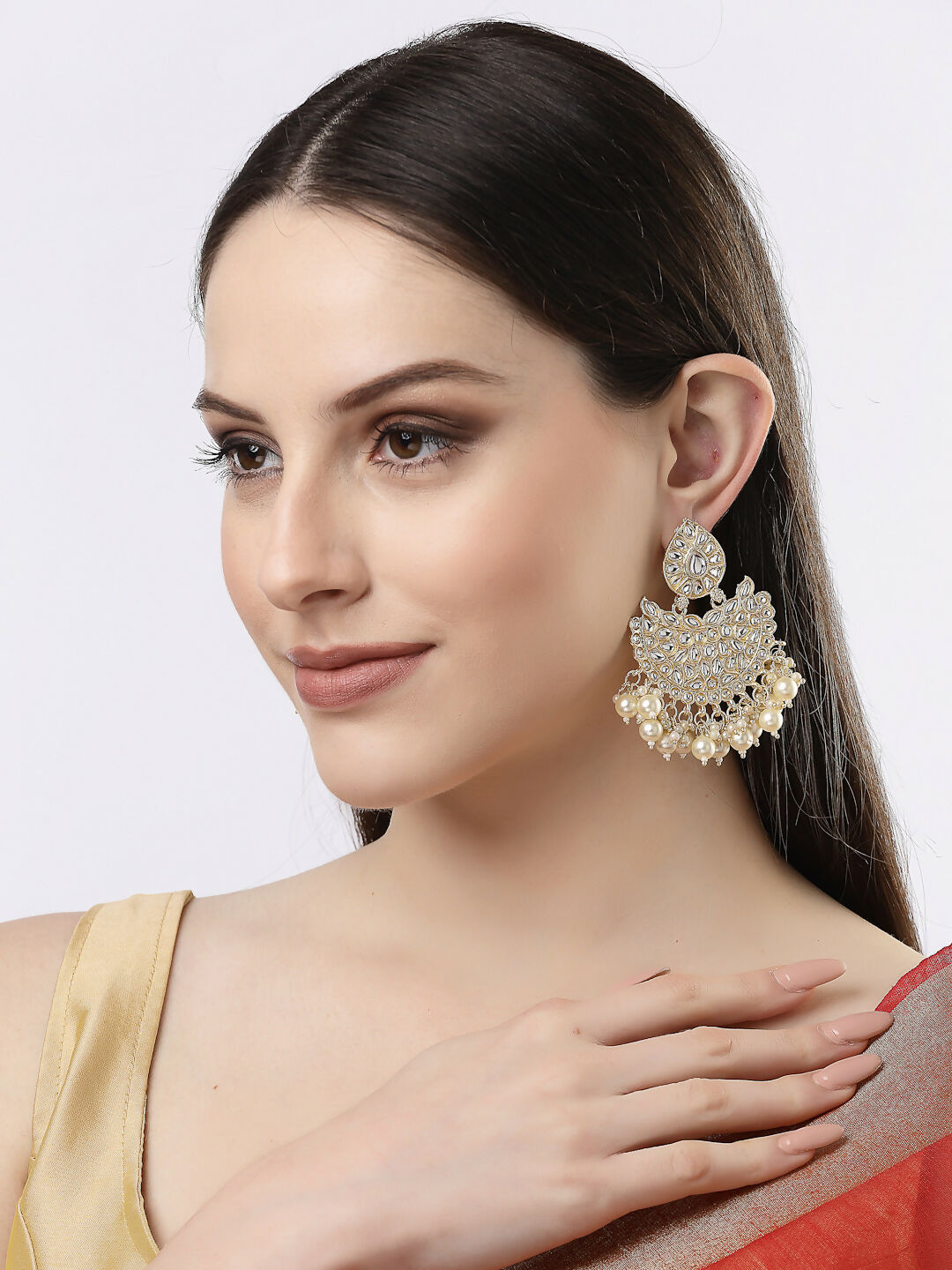 NVR Women Gold-Polished Kundan Chandbali Earrings