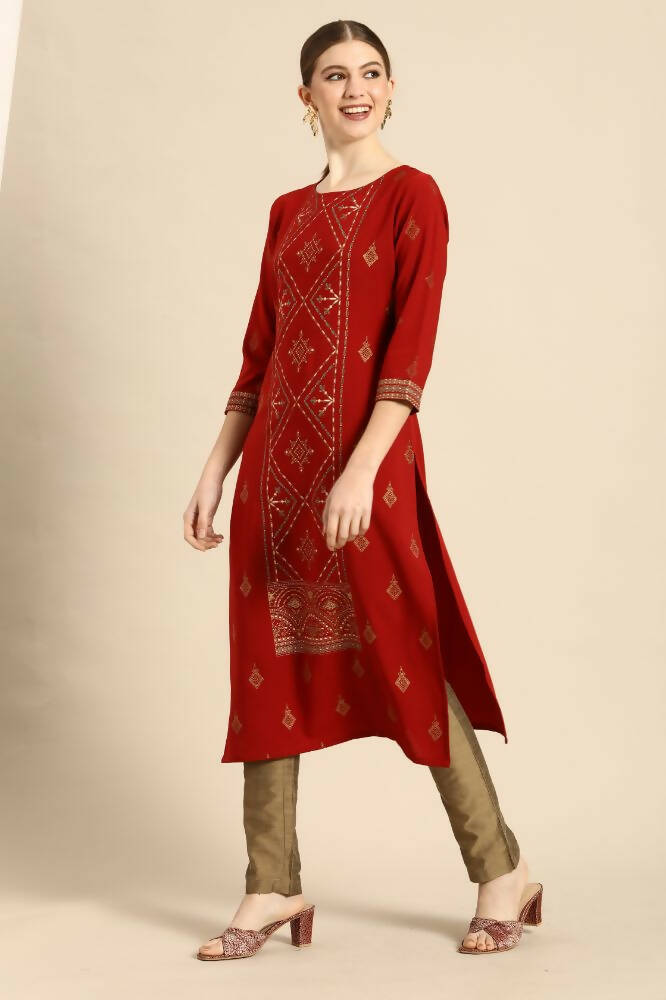 Janasya Women's Rust Crepe Ethnic Motifs Casual Straight Kurta