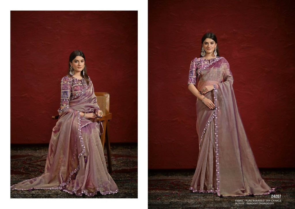 Purple Pure Banarasi Jari Crinkle Sequence with Handwork Saree with Stitched Blouse - Mohmanthan Aaina