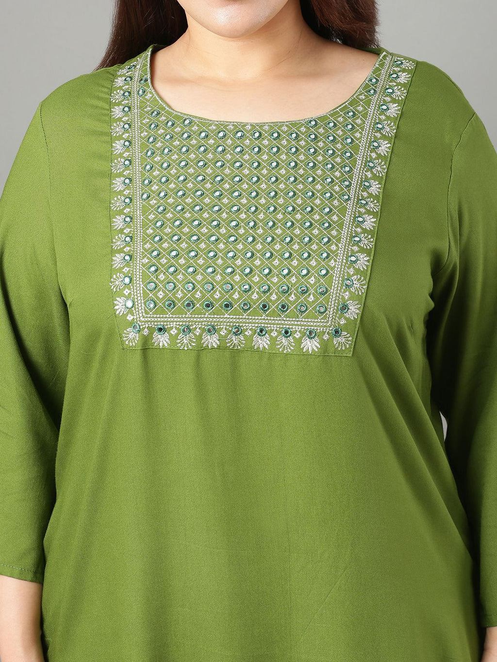 Sztori Plus Size Floral Yoke Design Mirror Work Straight Kurta